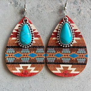 Retro Water Droplets Alloy Wood Inlay Turquoise Women'S Drop Earrings